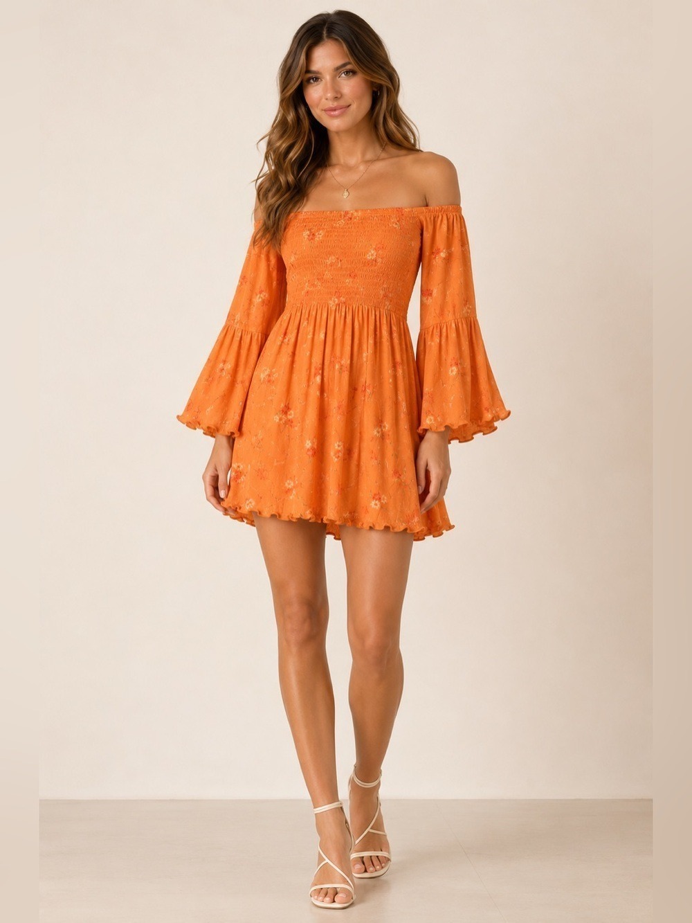Free People Orange Floral Smocked Off Shoulder Bell Sleeve Dress | Size Medium